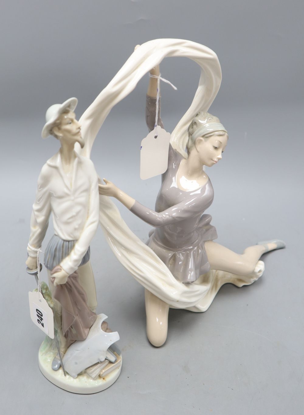 A Lladro figure of Don Quixote standing with his sword, no.5854 and a Nao figure of a Spanish dancer, tallest 34cm